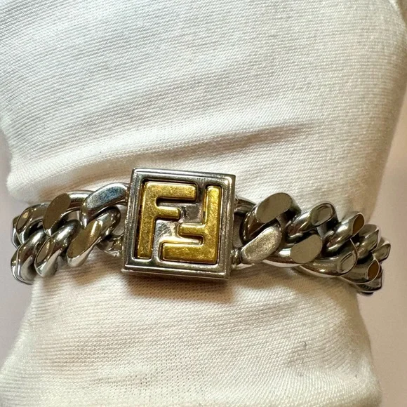 Fendi FF Logo Chain Link Bracelet In Silver And Gold Tone Metal, Size Small - Picture 3 of 12